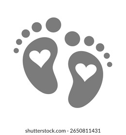 Baby passos com ícone de vetor de coração. Pegadas, pés ou passos para bebês.