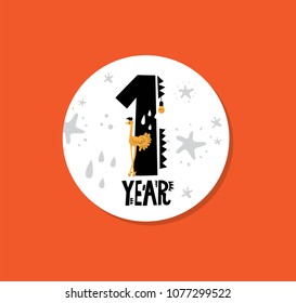 Baby sticker with cartoon ostrich and cute elements. For Birthday of the first year of baby's life. Great baby shower gift. Cute cartoon animals. Birthday  sticker. Vector illustration