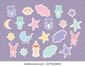 Baby sticker pack  Cute teddy bears  bunnies  cats  stroller  bottle  clouds   stars stickers  Vector art