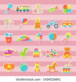 Baby sticker toys. Vector. Kids toy isolated. Baby shower stuff in flat design. cartoon illustration. Set colorful children icons on pink striped background.  