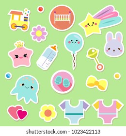 Baby stickers. Kids, children design elements for scrapbook. Decorative vector icons with toys, clothes, sun, rattle and other cute newborn babies symbols