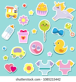 Baby stickers. Kids, children design elements for scrapbook. Decorative vector icons with toys, clothes, rattle and other cute newborn babies symbols