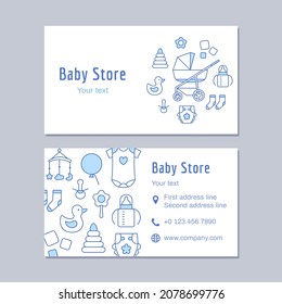 Baby store business card outline design template. Thin line creative identity on white background. Kids clothing, toy, apparel, furniture, accessories. Contact, mobile phone, web vector illustration.