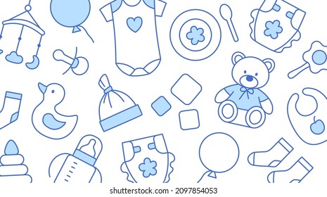 Baby Store Business Card Outline Design Template. Kids Clothing, Toy, Apparel, Furniture, Accessories. Thin Line Creative Identity Cover On White Background Vector Illustration.