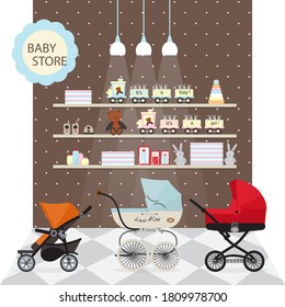 Baby Store. Child Store Window Design With Toys, Prams, Newborn Baby Accessories On Shelves. Baby Kid, Shop Storefront Vector Illustration