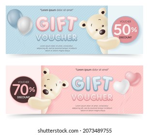 Baby store discount coupon  voucher, gift card template with cute bear for shop, sales discount  promotion online, kid clothes and toy, sale special offer cards. Vector Illustration