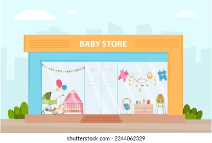 Baby store facade. Modern kids shop vector illustration. Retail trail. Shop window with different products for newborn, kids, children: stroller, high chair, baby bouncer, toy, clothers, baby crib. 