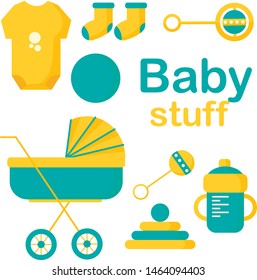 Baby store icons set. Baby care, feeding, clothing, toys, health care stuff. Vector drawings isolated. Newborn infant themed cute flat set.