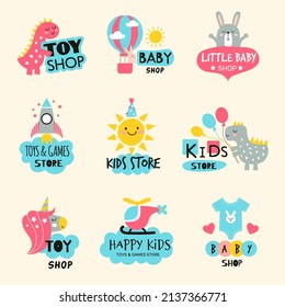 Baby store. Kids shop labels collection clothes and toys for children recent vector ads logotypes templates collection