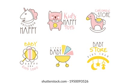 Baby Store Logo Design Collection, Kids Toys Cute Hand Drawn Emblems Vector Illustration
