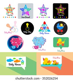 Baby store logo. Toys logo icon. Baby shop logo template. Yellow duck silhouette icon. Isolated logo template with sample text for toys shop. Abstract template logo for children's store. Elephant icon