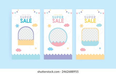 Baby store social media template. Modern and colorful baby store story design. Super sale offer banner promotion stories and social media post. EPS vector illustration