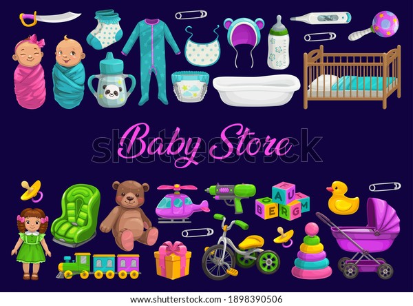 Baby store or toys shop, newborn kids gifts and\
care, vector poster. Boys and girls kids toys store and healthcare\
items, newborn pacifier and child bath duck, pram stroller,\
thermometer and diapers
