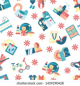 Baby store vector seamless pattern. Baby stuff collection in textured flat style. Vector children's products symbols.