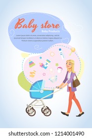 Baby Store Vector Vertical Banner or Flyer with Happy Young Mother Pushing Baby Carriage and Baby Goods Set Cartoon Illustration. Online Shop with Products for Newborns Promotional Poster Template