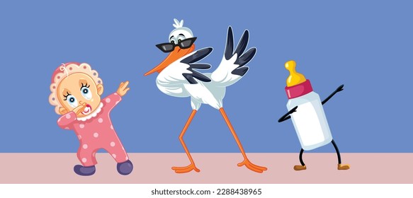 
Baby, Stork and Milk Bottle Dancing and Dabbing Together Vector Cartoon. Funny baby shower announcement template with for party event 
