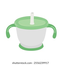 Baby straw cup or bottle to drink milk, juice or water. Green baby straw mug bottle vector. Baby elements collection. Flat vector in cartoon style isolated on white background.