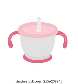 Baby straw cup or bottle to drink milk, juice or water. Pink baby straw mug  bottle vector. Baby elements collection. Flat vector in cartoon style isolated on white background.