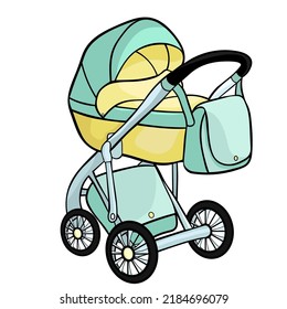 the is a baby stroller with bag. vector illustration