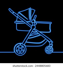 Baby stroller blue icon neon glow vector illustration concept