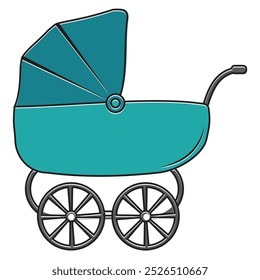 Baby stroller in blue, isolated cartoon-style illustration