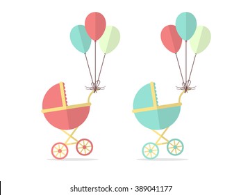 Baby Stroller for Boy and a Girl with Balloons. Flat Design Style.