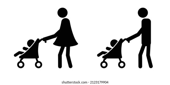 Baby stroller or buggy. Walk for taking care of children. Cartoon vector Baby carriage icon or symbol. Pushchair pictogram. Man or woman walking. Pram symbol