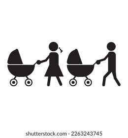 Baby stroller or buggy. Walk for taking care of children. Baby carriage icon or symbol. Pushchair pictogram. Man and woman walking. Pram symbol