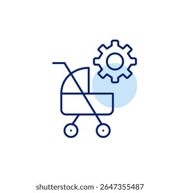 Baby stroller and cogwheel. Parental controls, child safety settings, baby monitoring configuration, age-restricted access, kid-friendly system setup. Pixel perfect, editable vector icon