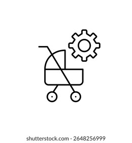 Baby stroller and cogwheel. Parental controls, child safety settings, baby monitoring configuration, age-restricted access, kid-friendly system setup. Pixel perfect, editable vector icon