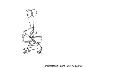 baby stroller continuous line. baby stroller line drawing isolated on white background