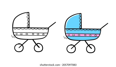 Baby stroller in doodle sketch style. Vector illustration.