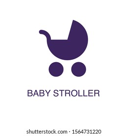 Baby stroller element in flat simple style on white background. Baby stroller icon, with text name concept template