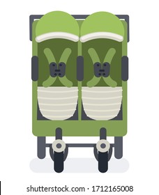 Baby stroller in a flat cartoon style. Stroll. Green carriage. Vector isolated illustration on a white background.