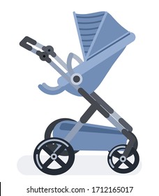 Baby stroller in a flat cartoon style. Stroll. Blue carriage. Vector isolated illustration on a white background.