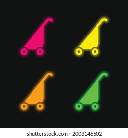Baby Stroller four color glowing neon vector icon