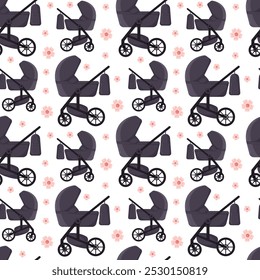Baby stroller for girls and boys. Seamless pattern with Baby carriage, pram, buggy. Perfect nursery, childrens clothing, fabric, textile, packaging, paper, wrapping