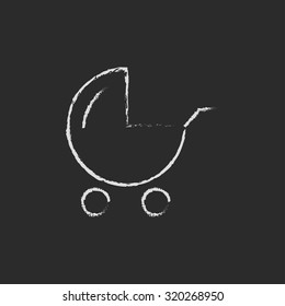 Baby stroller hand drawn in chalk on a blackboard vector white icon isolated on a black background.