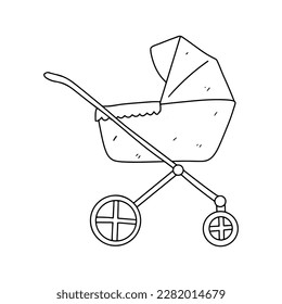 Baby stroller in hand drawn doodle style. Vector illustration isolated on white background.