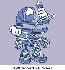 Baby stroller hipster character cartoon sticker isolated vector