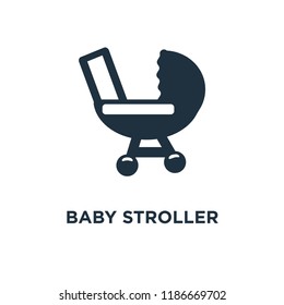 Baby Stroller Icon. Black Filled Vector Illustration. Baby Stroller Symbol On White Background. Can Be Used In Web And Mobile.