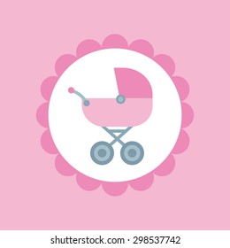Baby stroller icon in girly pink color inside circle frame on pink background.