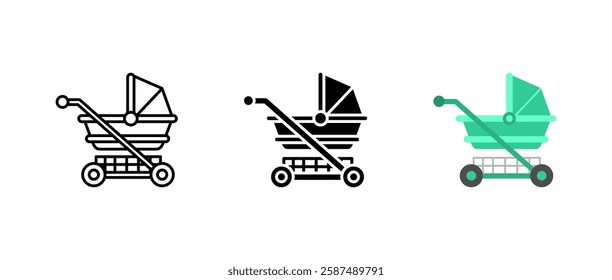 Baby stroller icon. Infant pram and carriage sign. Newborn transport symbol. Parenthood and nursery pictogram. Walking comfort illustration. Family care concept.