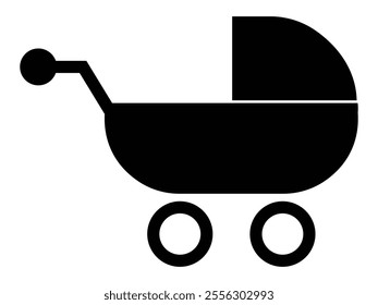 Baby stroller icon. Baby stroller kid trolley sign icon. Black baby stroller carriage isolated on white background. Stroller baby, shower childhood silhouette symbol. Vector illustration.