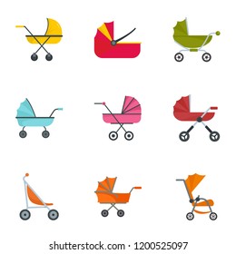 Baby stroller icon set. Flat set of 9 baby stroller vector icons for web design