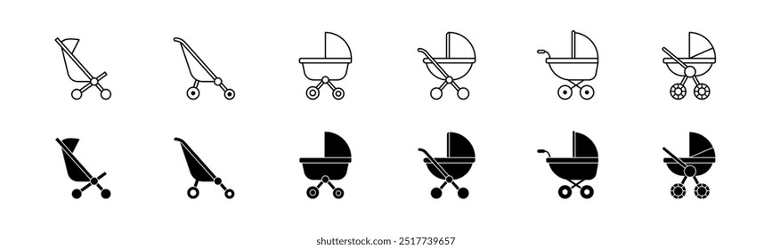 Baby stroller icon set. Line and glyph baby carriage vector. Baby pram. Set of isolated stroller icon