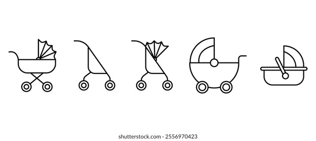 Baby stroller icon set.  Liner baby carriage vector. Baby pram. Set of isolated stroller icon. Children and baby carriage icon collection on white background.