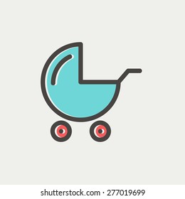 Baby stroller icon thin line for web and mobile, modern minimalistic flat design. Vector icon with dark grey outline and offset colour on light grey background.