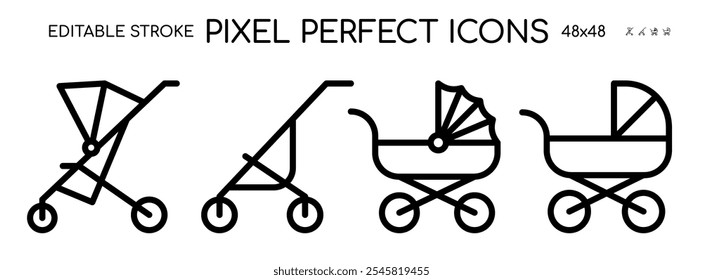 Baby stroller icons. Push-chair. Thin linear baby carriage outline icons set isolated on white background. Pixel Perfect 48x48 symbol for web and mobile. Editable vector stroke.