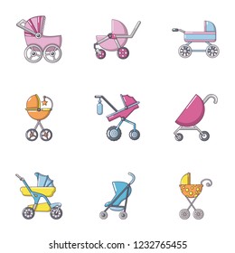 Baby stroller icons set. Flat set of 9 baby stroller vector icons for web isolated on white background